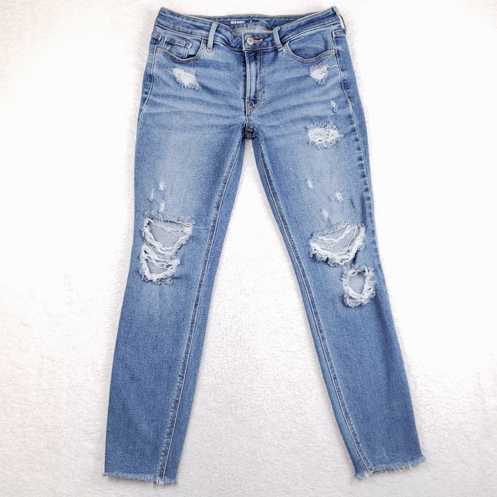 Old Navy Rockstar Super Skinny Distressed Jeans 8 Long Medium Wash Raw Hem Edgy